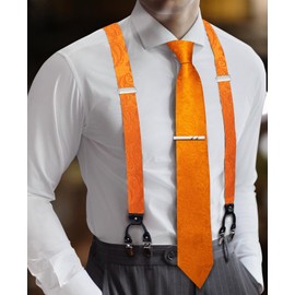 Barry.Wang Suspenders Tie Set for Men and Women Orange Paisley Y-Back Adjustable Suspender Necktie Clip Set Wedding Prom