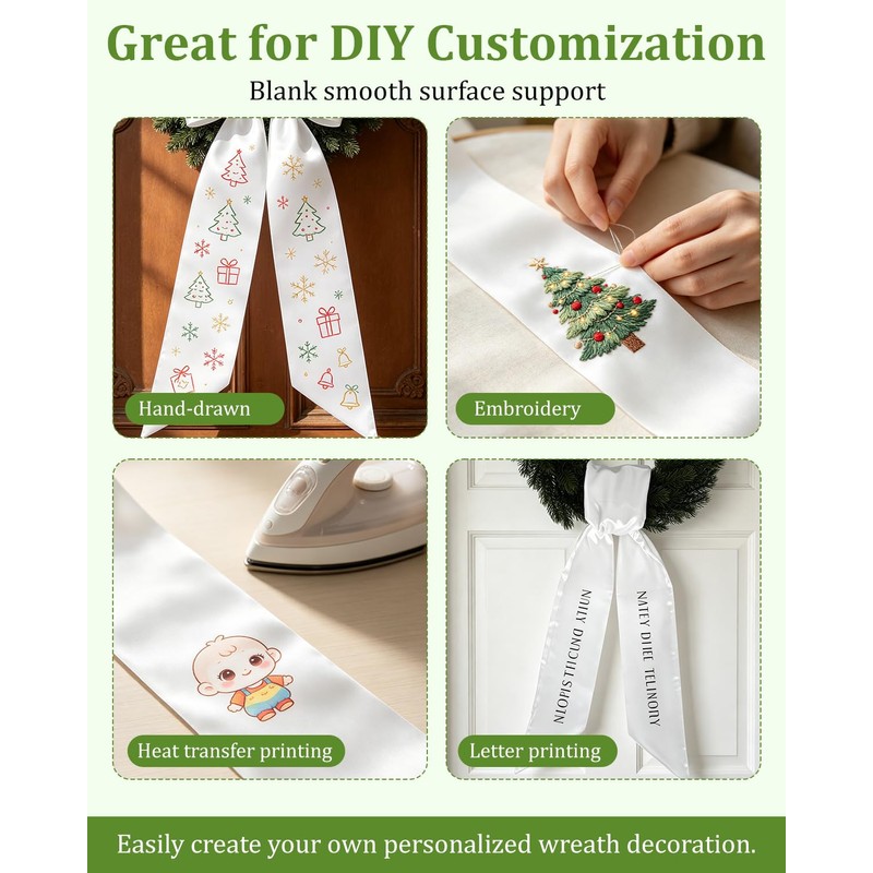 White Wreath Sash, 4Pcs Embroidery Blank Wreath Sashes for Front