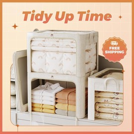 ZenStorage 3-pack stackable bins with metal frame,foldable linen,reinforced handles,blankets,comforters,pillows,and toys. Boxes Organiser Transparent