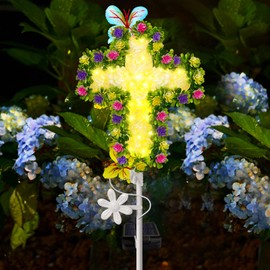 YJFWAL 1 Pack Solar Flowers Cross Garden Stake Lights, Yard solar lights Cemetery Decorations For Grave Outdoor Light Jesus Cross Sympathy Memorial Gift for Grandma, For Garden Lawn Patio Pathway deco