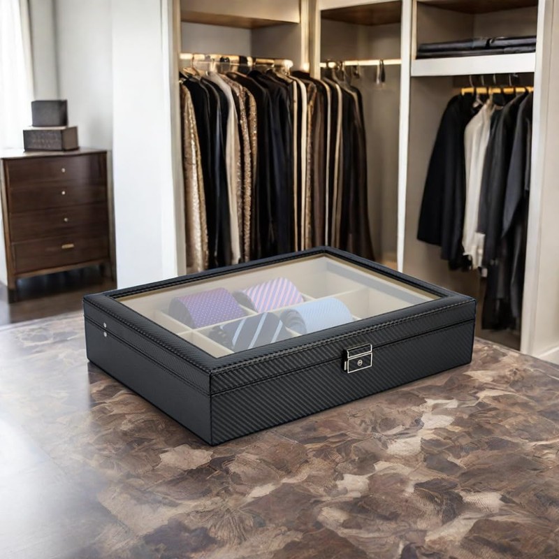 Tie Display Case for 12 Ties, Belts, and Men's Accessories