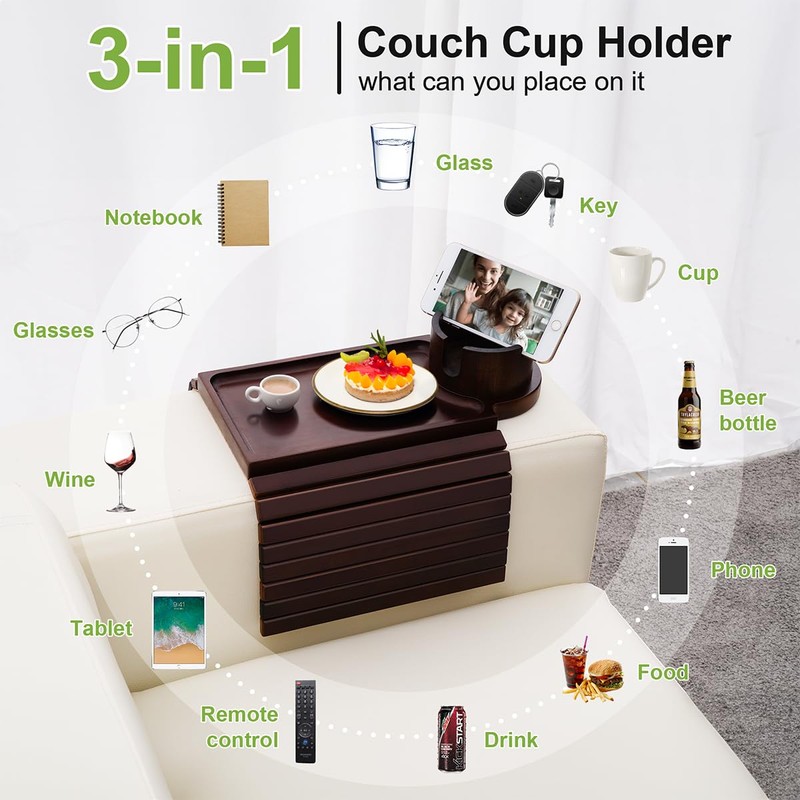 Couch Cup Holder Tray - 3 in 1 Couch Arm