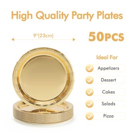 UVTQSSP 50 Pcs Party Plates, Gold Disposable 9 inch Paper Dinner Plates Sets Party Supplies for Birthday Baby Shower Wedding Picnic