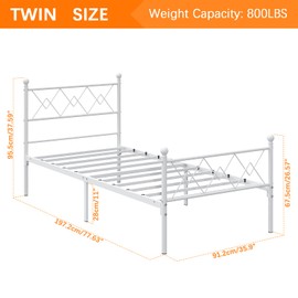Elephance Twin Size Bed Frame,Metal Platform Bed Frame with Headboard and Footboard,Under Bed Storage,No Box Spring Needed,Easy Assembly,White