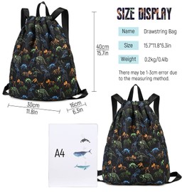 Ryushoyo Dinosaur Drawstring Backpack Bulk for Kids Girls Boys Gym Dance String Bags Water Resistant Lightweight Colorful Skeleton Dinosaurs Black