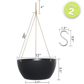 SwinDuck 12 Inch 2 Pack Large Hanging Planters for Indoor Outdoor Plants, Plastic Hanging Basket Pots for House Plants Flowers, Black