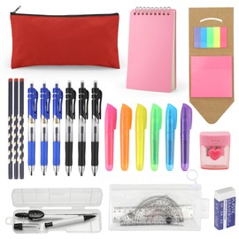 Povxlum 23 Pcs Stationary Sets Back to School Stationery Supplies Set Secondary School Stationery Set Exam Pencil Case Back to School Kit (Pink)