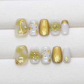 SXVME Gold 3D Press on Nails Short Square, Flora Spring Fake Nails with Designs, Coffin Glue on nails with Diamond, Thick Cute Extra Short Nails for Women and Girls, 30 Pcs