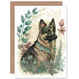 Artery8 German Shepherd Dog with a Leaf Collar Spring Field Boho Pastel Watercolour Illustration Art Birthday Sealed Greeting Card Plus Envelope Blank Inside