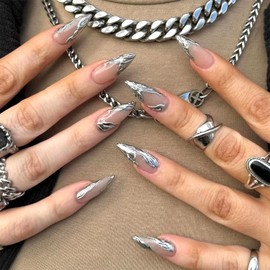 LWTZLW French Tip Press on Nails Medium Almond Fake Nails Silver 3D Full Cover Glue on Nails French Tip Oval Acrylic False Nail Glossy Artificial Nail Reusable for Women