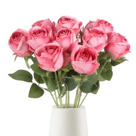 Riyuwal 12 pcs Hot Pink Roses Artificial Flowers Vintage Burnt Edge Rose 20" Realistic Silk Roses Bouquet with Long Stem for Wedding Party Floral Centerpieces Decoration (Hot Pink)