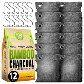 Charcoal Odor Absorber for Strong Odor (Large, 12 Pack, 100g each), Perfect for Smelly Shoes, Bamboo Charcoal Air Purifying Bag, Activated Charcoal Odor Absorber for Closet, Shoe, Car, Odor Deodorizer