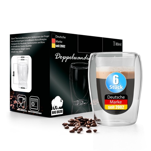 BigDean Set of 6 Double-Walled Espresso Cups 80 ml Gastro