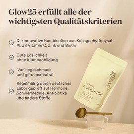 Glow25 Glow25? Collagen Plus Pulver Vanille [450g] - Kollagen Hydrolysat mit Vitamin C, Zink und Biotin - Peptide Typ 1 und 3 - Gute L?slichkeit - Vanille Geschmack