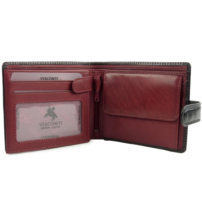 Visconti Leather Mens Tri Fold Wallet Torino Collection Black Red