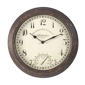 Bickerton Wall Clock and Thermometer, Classic Outdoor/Indoor Design with Large 12 Inch Face. Suitable for Garden, Kitchen, Bathroom and More