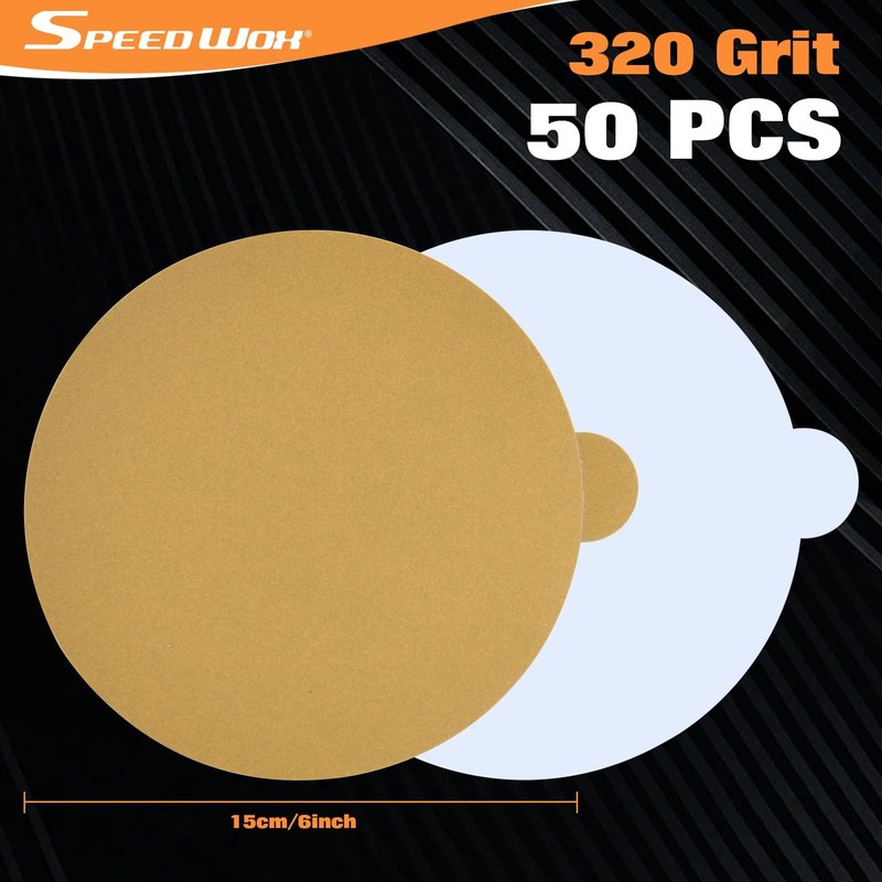 SPEEDWOX 50PCS 6" Gold PSA Sanding Discs, 320 Grit Aluminium