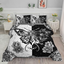 Datura home Kids Comforter Set Black White Butterfly Printed Pattern Bedding Set with 1 Comforter and 2 Pillowcases for Girls Boys Bedroom All Season(Butterfly2 Full)