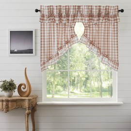 VHC Brands Annie Buffalo Portabella Check Farmhouse Ruffled Prairie Swag Curtain Set 36x36x18