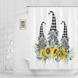 Abaysto Sunflower Gnomes Shower Curtain Checkered Plaid Shower Curtains,Spring Floral Plant Botanical Watercolor Green Leaves Bathroom Shower Curtains Set with Hooks Retro Bathroom Decor