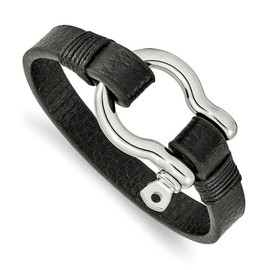 The Black Bow Stainless Steel & Black Leather Shackle Bracelet, 8.25 Inch
