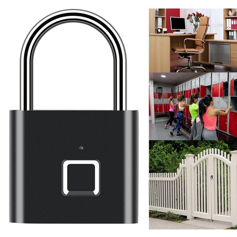 Door Lock Security Keyless USB Rechargeable Fingerprint Smart Padlock Black