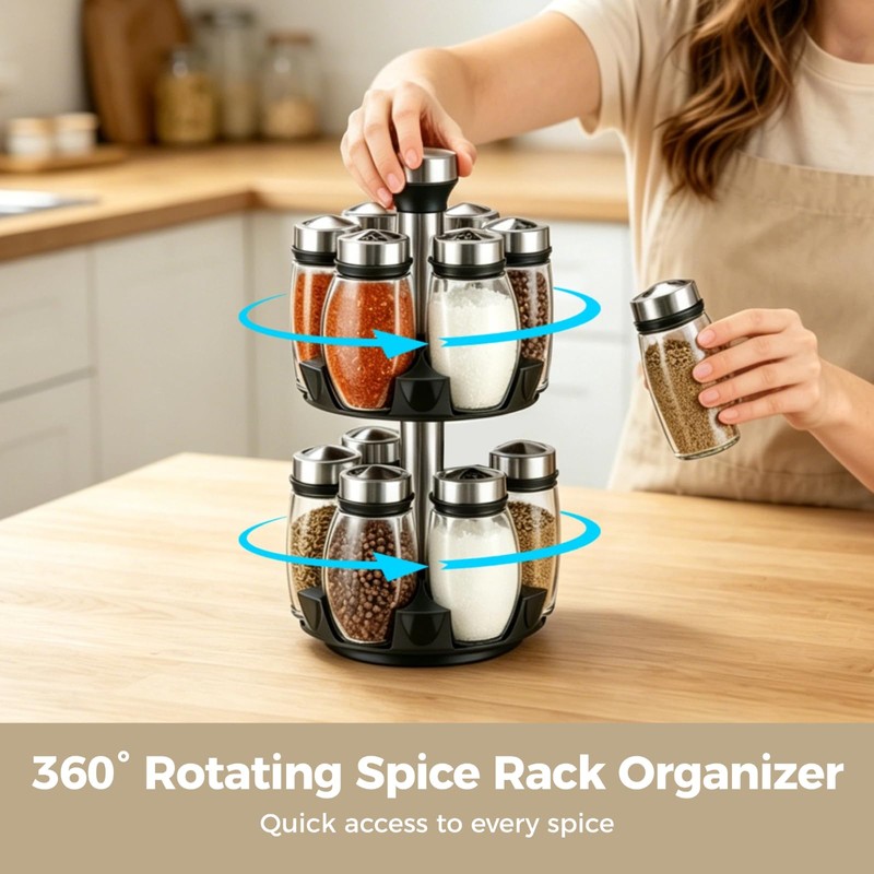 Calolin 2 Layer Rotating Spice Rack Organizer with 12 Glass