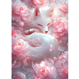 QENSPE 5D Diamond Art Fox, DIY Diamond Painting Kits for Adults, Round Full Drill, Pink Peony Diamonds Dots Mosaic Painting, Crystal Gem Arts Craft for Home Wall Decor 12x16 in
