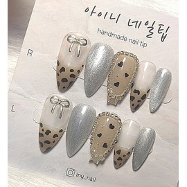 [Commemorating store openingSuper special discount]High-quality mood beige leopard handmade nails - Coffin / [입점기념초특가할인]고급무드 베이지호피 수제네일 - 코핀