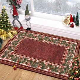 RUGSREAL - Felpudo de Navidad de 2 x 3 pulgadas, con respaldo antideslizante, cono de pino de Navidad, tapete de interior, resistente a las manchas, lavable, alfombra abstracta para cocina, baño, rojo