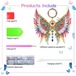 Scettar 2 Pcs Hanging Dimond Art Paintings Kit for Adults, DIY Crystal Gem Craft Painting Kit Angel Wings, Acrylic Board Diamond Dotz Kits Ornament for Home Wall Decor, Box Package