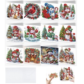 Zyvoreva 12 PCS Christmas Snowman Diamond Art Greeting Cards with Envelopes, Diamond Painting Greeting Cards Kit for Adults DIY Holiday (red)