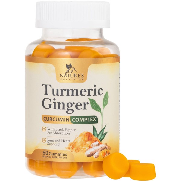 Turmeric Ginger Gummies - Vegan Turmeric Curcumin Gummy with 95% Curcuminoids - Black Pepper for Max Absorption, Natural Joint Support Supplement, Nature's Tumeric Extract, Peach Flavor - 60 Gummies