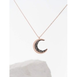 Rose Gold Plated Crescent Moon Encrusted with Black Crystals Jewels Long Necklace