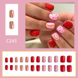 Mkwntg Cute Flower Press on Nails Short Square Fake Nails Glossy Daisy Curve Full Cover Glue on Nails Spring Summer Coffin False Nails Red Orange Acrylic Nails for Women Girls Manicure Decor 24Pcs