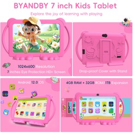 BYANDBY 2024 Kids Tablet, 7 inch Android 12 Tablet for Kids, 4GB+32GB ROM+1TB Expand Quad-Core Toddler Tablet with Shockproof Case, BT, WiFi, Parental Control, 2MP+5MP Dual Camera, Games(Pink)