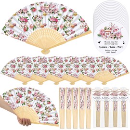 CroBlissful 50 Sets Tea Party Bridal Shower Favors for Guests Teapot Bamboo Folded Hand Fan with Gift Bag Thank You Tag with Rope Tea Party Favors Bridal Shower Party Wedding Souvenirs for Woman