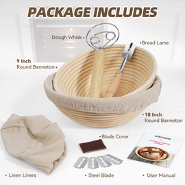 Bread Proofing Basket, Kikcoin Banneton Bread Proofing Basket Set of 2, 9 Inch & 10 Inch Round Sourdough Proofing Basket with Linen Liner, Bread Lame, Dough Whisk