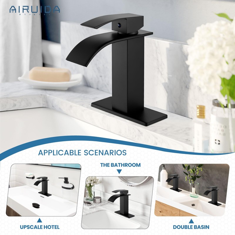 Airuida Matte Black Waterfall Bathroom Faucet, Single Handle Single Hole