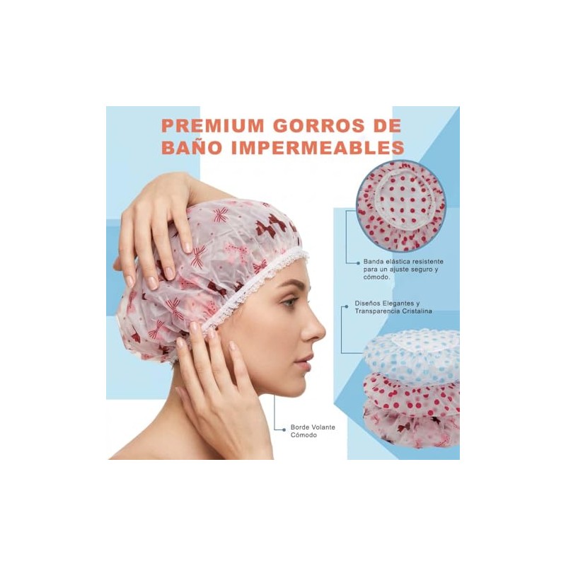Gorro de Ducha Impermeable 5Pzs, Gorra de Baño Mujer Elástico,