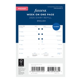 Filofax Calendar Diary Refill, Pocket Size, Week on One Page, White Paper, Unruled, English, 2025 (C68226-25)