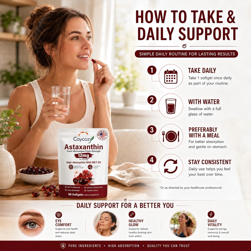 coycozy Astaxanthin 12mg Natural 90 Softgels Astaxanthin Supplement Antioxidant Support