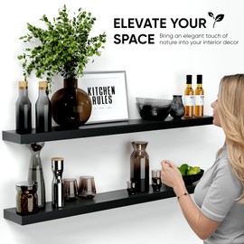 Homeforia Black Floating Shelf 48 Inch, Premium Solid Wood Long Black Shelves for Walls, 48 Inch Bathroom Shelf, Heavy Duty Bracket, 48 X 6.5 X 1.75 Inch, Set of 2