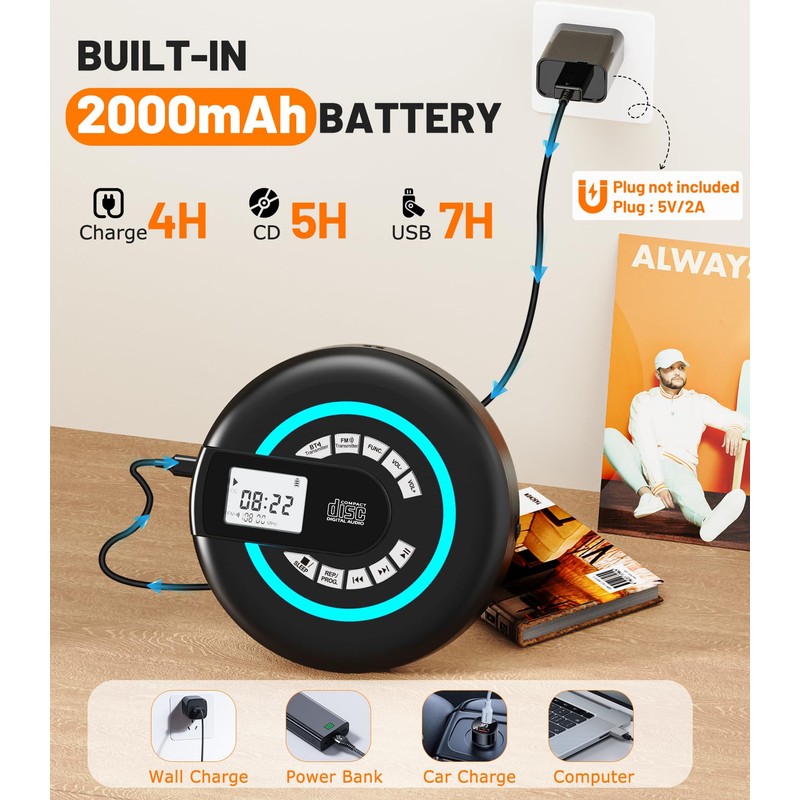 Portable CD Player with Speaker Bluetooth Disman for Car with