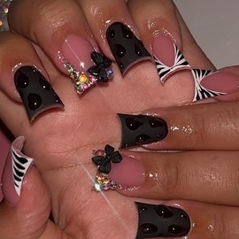 24Pcs French Tip Press on Nails Medium Duck Fake Nails 3D Bow with Rhinestones Glitter Design Full Cover Artificial Acrylic Nails Cute Glue on Nails Black False Nails for Women Girls Nail Art Decor