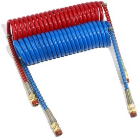 GREPSPUD 15Ft Coiled Air Brake Hoses Assembly for Semi Truck, Coiled Air Brake Lines with 12'' Tractor Lead & 12'' Trailer Lead, Red & Blue Coil Air Lines Set for Semi Trucks Tractors Trailers