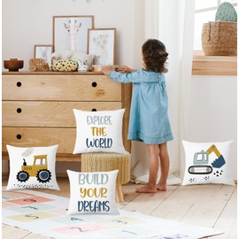 KRHFG Construction Room Decor for Boys Pillow Covers 18x18, Baby Boy Nursery Decor, Explore The World Build Your Dreams Pillow Covers for Kids Room Bedroom Playroom Nursery, Set of 4 Double-Sided