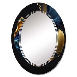 DesignQ Abstract Liquid Ink wall mirror, Oval Modern mirror, Round Blue bathroom mirror, Abstract Liquid ink vanity mirror Blue & Gold Geode Marbling printed mirror decor, oval mirror 20x30