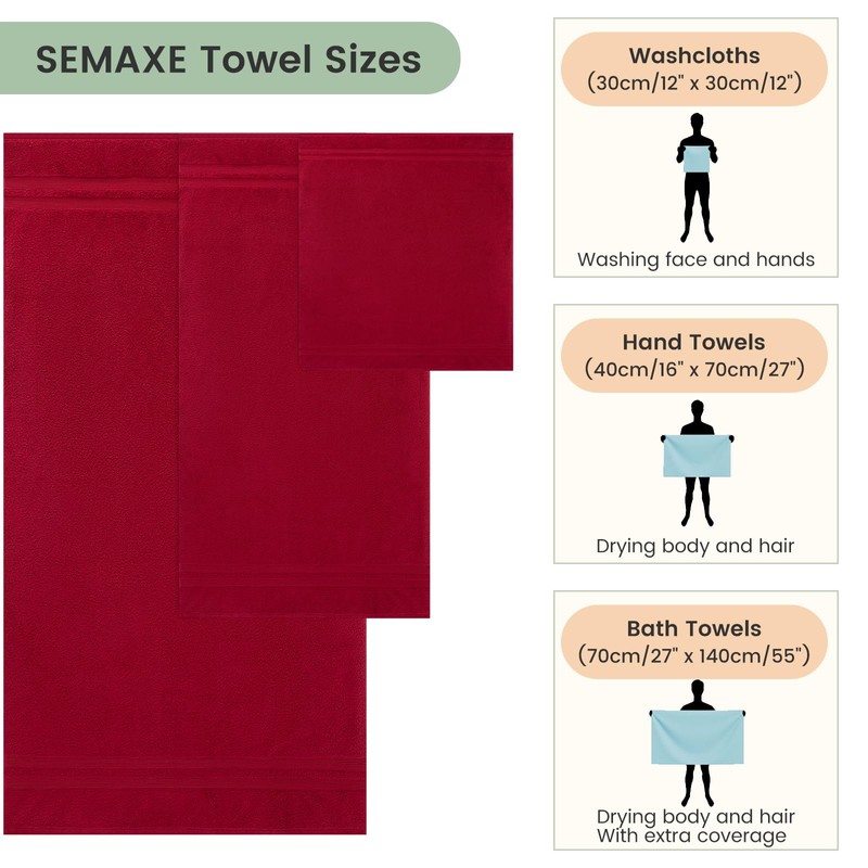 SEMAXE Solid 6-Piece Towel Set, Christmas Red, 600GSM 100% Cotton,
