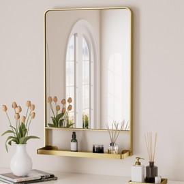 Keonjinn 18 x 24 Inch Gold Bathroom Mirror with Shelf, Metal Modern Gold Wall Mirror with Shelf, Rounded Corner Entry Mirror for Vanity with Storage, Rectangle Entryway Mirror with Living Room Bedroom